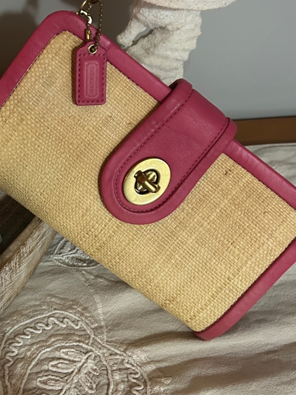 Coach 2008 Parker Raffia Clutch with Fuchsia Leather Trim in Excellent condition